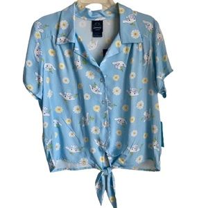 Cinnamoroll Sky Blue Button Up Tie Front Woven Short Juniors XL NWT Hot Topic